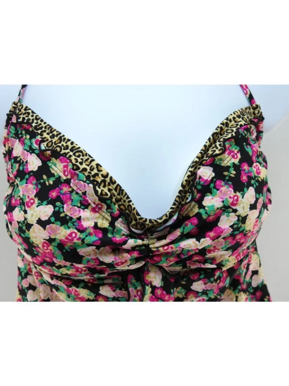 Vintage Candies Floral Leopard Trim Tankini Top XL Black Pink Halter Swim Y2K - Picture 3 of 9